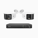 FDH800 - Kit videosorveglianza PoE 8 canali con 2 doppia lente telecamere 4K, vista panoramica a 180°, visione notturna intelligente a doppia luce, audio bidirezionale, sirena e allarme attivi, rilevamento persone e veicoli, IP67