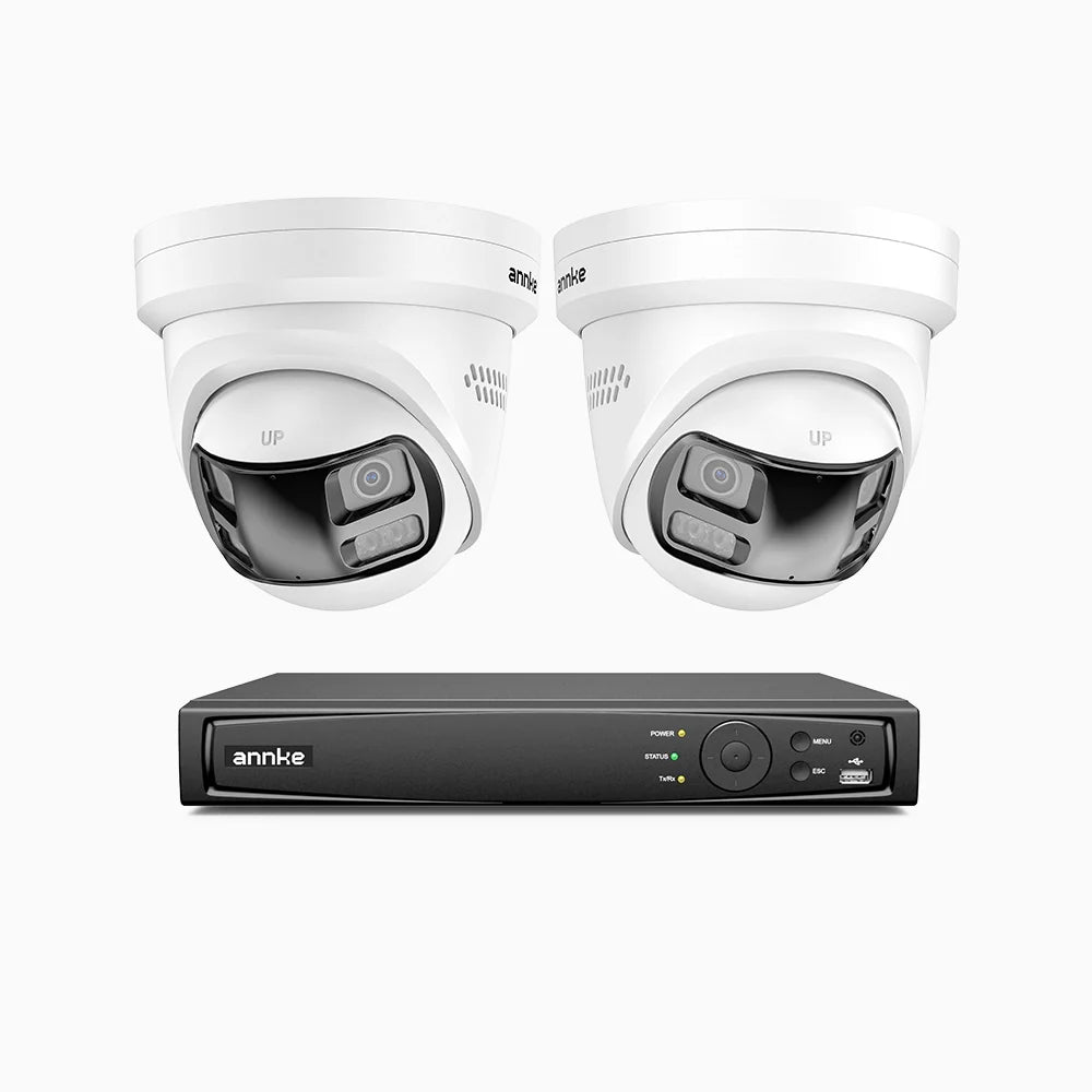 FDH800P - Kit videosorveglianza PoE 8 canali con 2 doppia lente telecamere 4K, Vista Panoramica a 180°, Scocca Interamente in Metallo, Smart Motion 2.0, Visione Notturna, Audio Bidirezionale, Sirena e Allarme Attivo, Rilevamento Persone e Veicoli, IP67