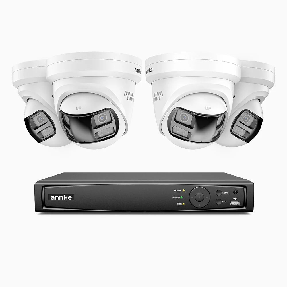 FDH800P - Kit videosorveglianza PoE 8 canali con 4 doppia lente telecamere 4K, Vista Panoramica a 180°, Scocca Interamente in Metallo, Smart Motion 2.0, Visione Notturna, Audio Bidirezionale, Sirena e Allarme Attivo, Rilevamento Persone e Veicoli, IP67