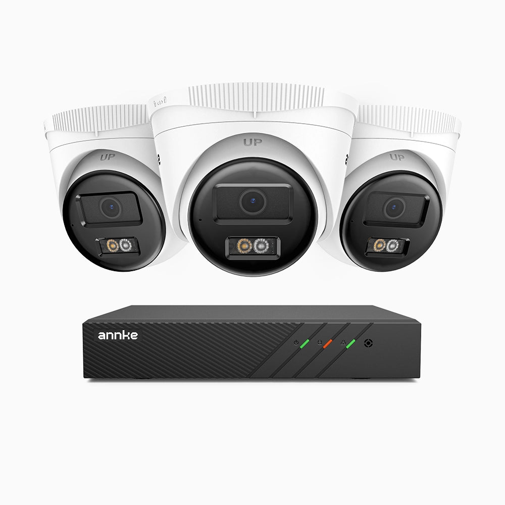 H500 - Kit videosorveglianza PoE 8 canali con 3 telecamere 5 MPX, Visione notturna intelligente a doppia luce, 3072 × 1728 @ 20 fps, rilevamento intelligente di persone e veicoli, microfono integrato, IP67
