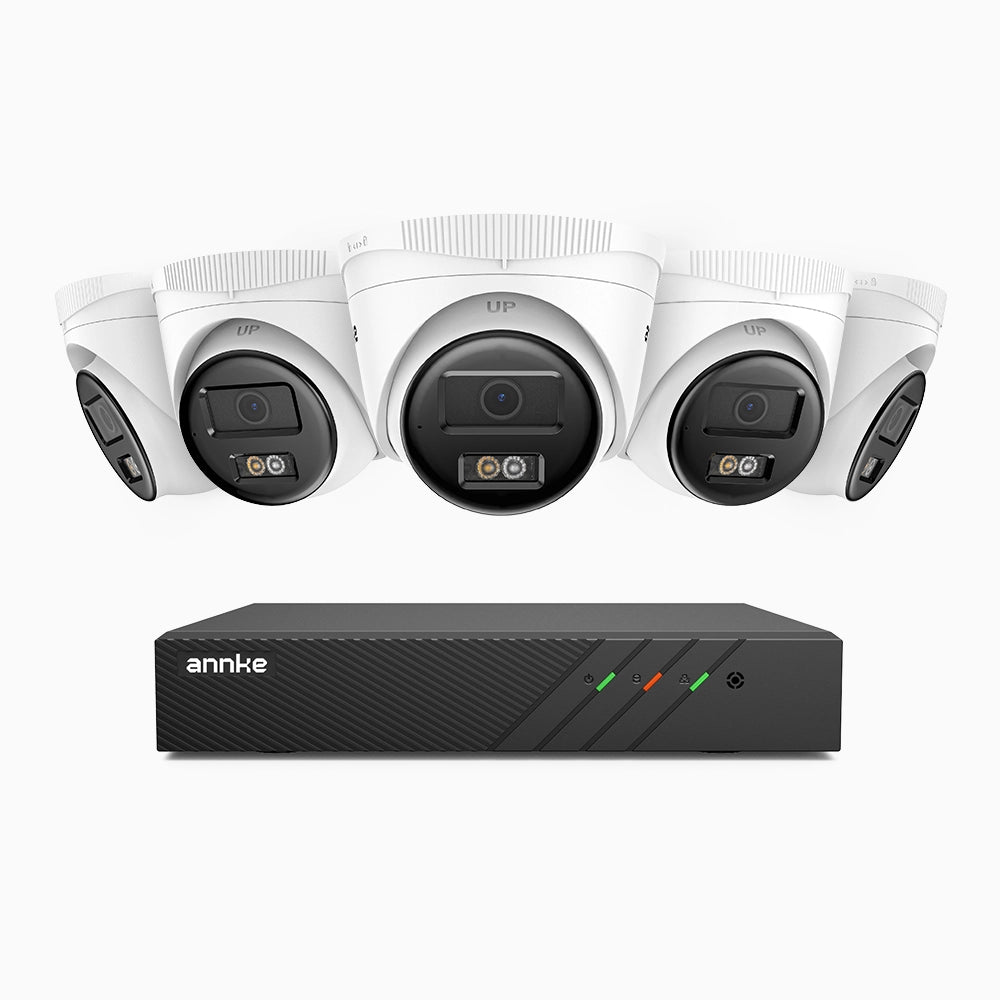 H500 - Kit videosorveglianza PoE 8 canali con 5 telecamere 5 MPX, Visione notturna intelligente a doppia luce, 3072 × 1728 @ 20 fps, rilevamento intelligente di persone e veicoli, microfono integrato, IP67