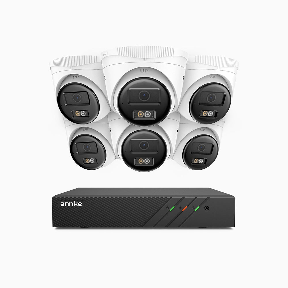 H500 - Kit videosorveglianza PoE 8 canali con 6 telecamere 5 MPX, Visione notturna intelligente a doppia luce, 3072 × 1728 @ 20 fps, rilevamento intelligente di persone e veicoli, microfono integrato, IP67