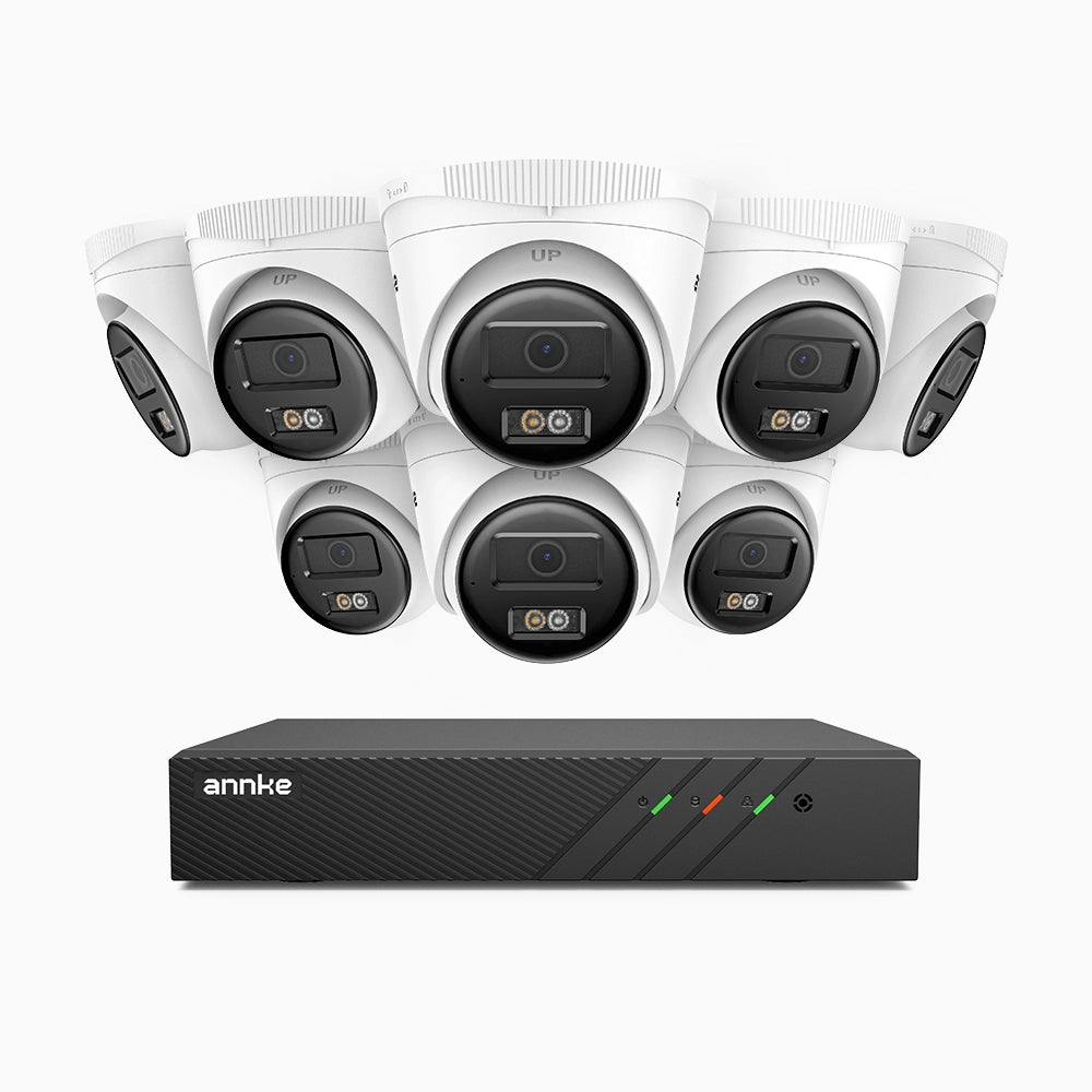 H500 - Kit videosorveglianza PoE 8 canali con 8 telecamere 5 MPX, Visione notturna intelligente a doppia luce, 3072 × 1728 @ 20 fps, rilevamento intelligente di persone e veicoli, microfono integrato, IP67
