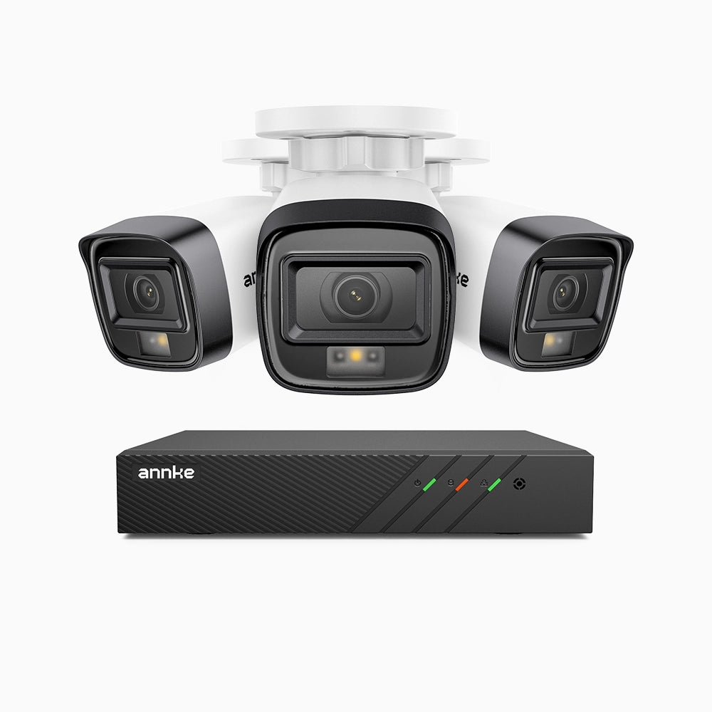 H500 - Kit videosorveglianza PoE 8 canali con 3 telecamere 5 MPX, Visione notturna intelligente a doppia luce, 3072 × 1728 @ 20 fps, rilevamento intelligente di persone e veicoli, microfono integrato, IP67
