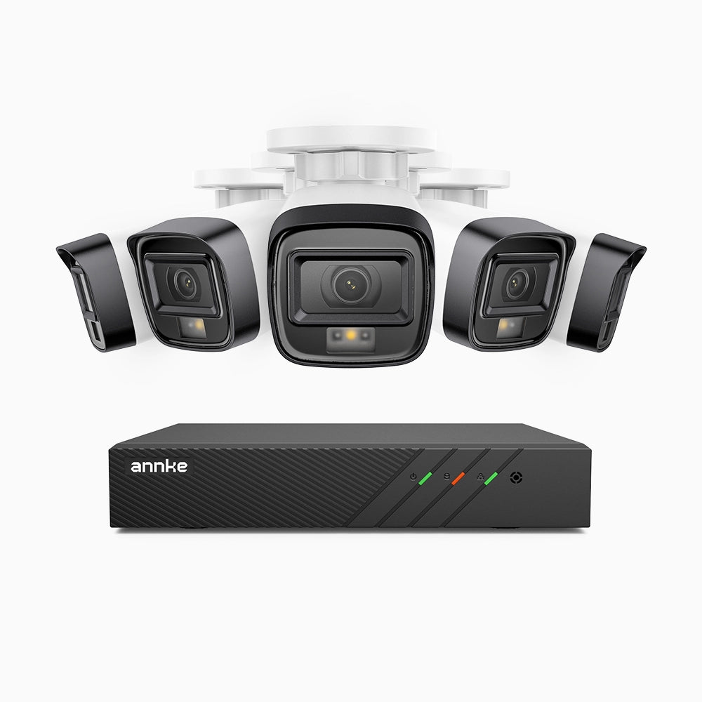 H500 - Kit videosorveglianza PoE 8 canali con 5 telecamere 5 MPX, Visione notturna intelligente a doppia luce, 3072 × 1728 @ 20 fps, rilevamento intelligente di persone e veicoli, microfono integrato, IP67
