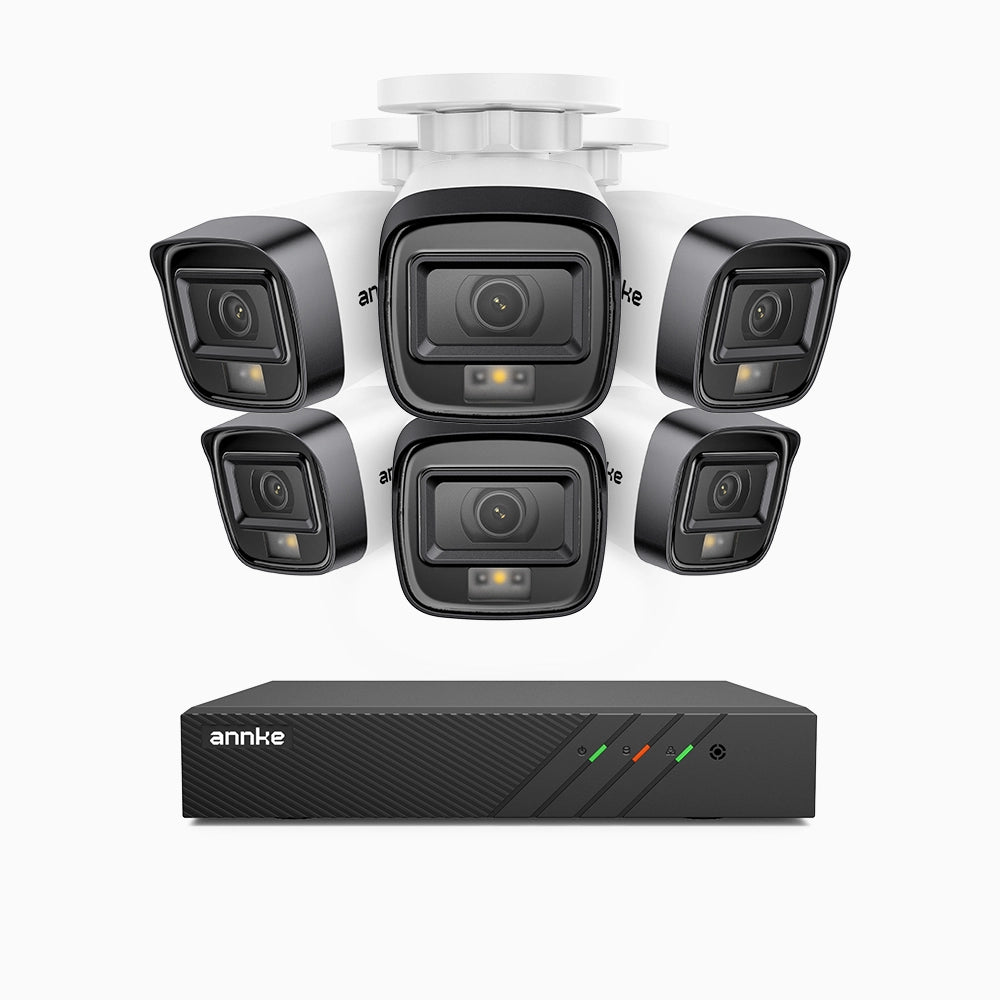 H500 - Kit videosorveglianza PoE 8 canali con 6 telecamere 5 MPX, Visione notturna intelligente a doppia luce, 3072 × 1728 @ 20 fps, rilevamento intelligente di persone e veicoli, microfono integrato, IP67