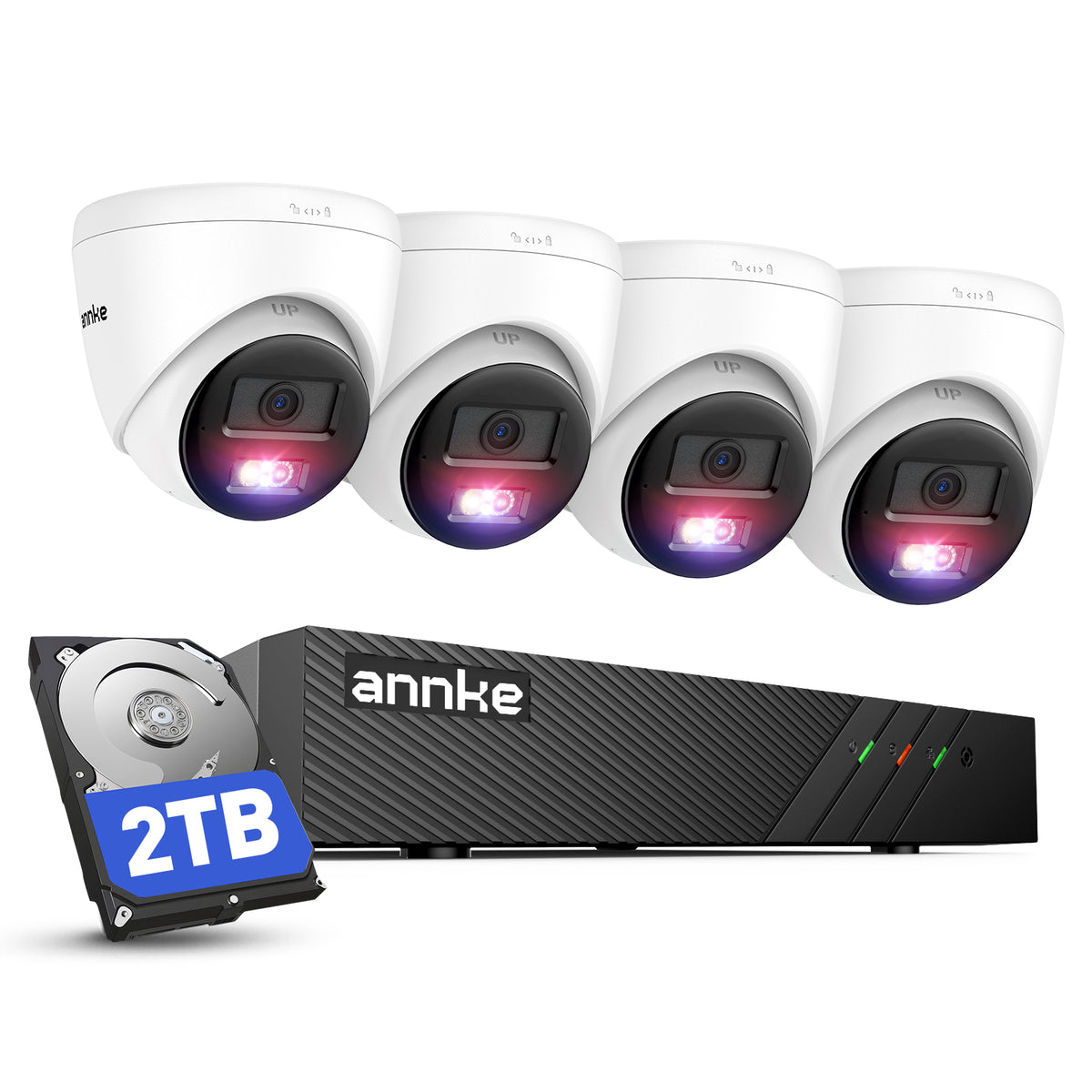 ANNKE Set di telecamere di sorveglianza PoE, 8MP 8CH NVR con HDD da 2TB e 4 telecamere IP PoE 3K con visione notturna a colori, H.265+, compatibile con Alexa, IP67, impermeabile, registrazione audio