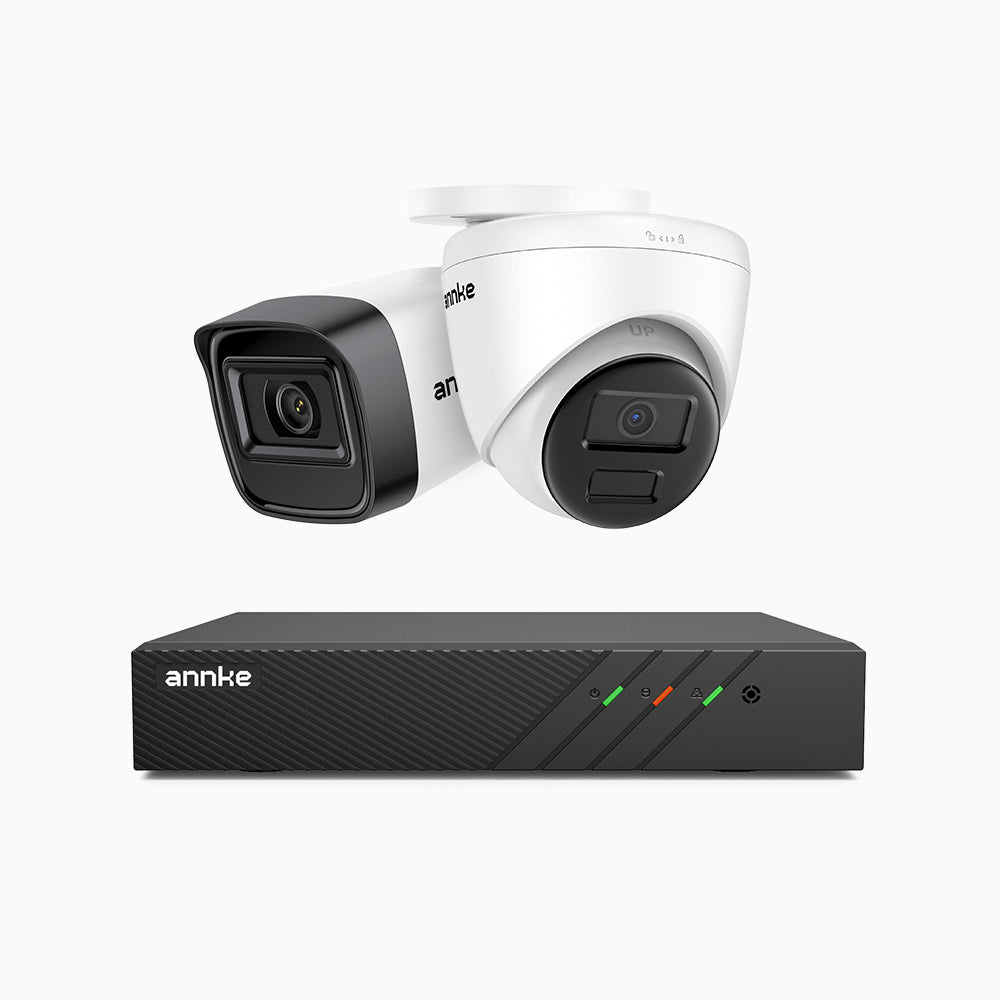 H300 - Kit videosorveglianza PoE 8 canali 3MP, 1 telecamera bullet e 1 telecamera turret,  visione notturna EXIR 2.0, rilevamento del movimento, H.265+, impermeabilità IP67