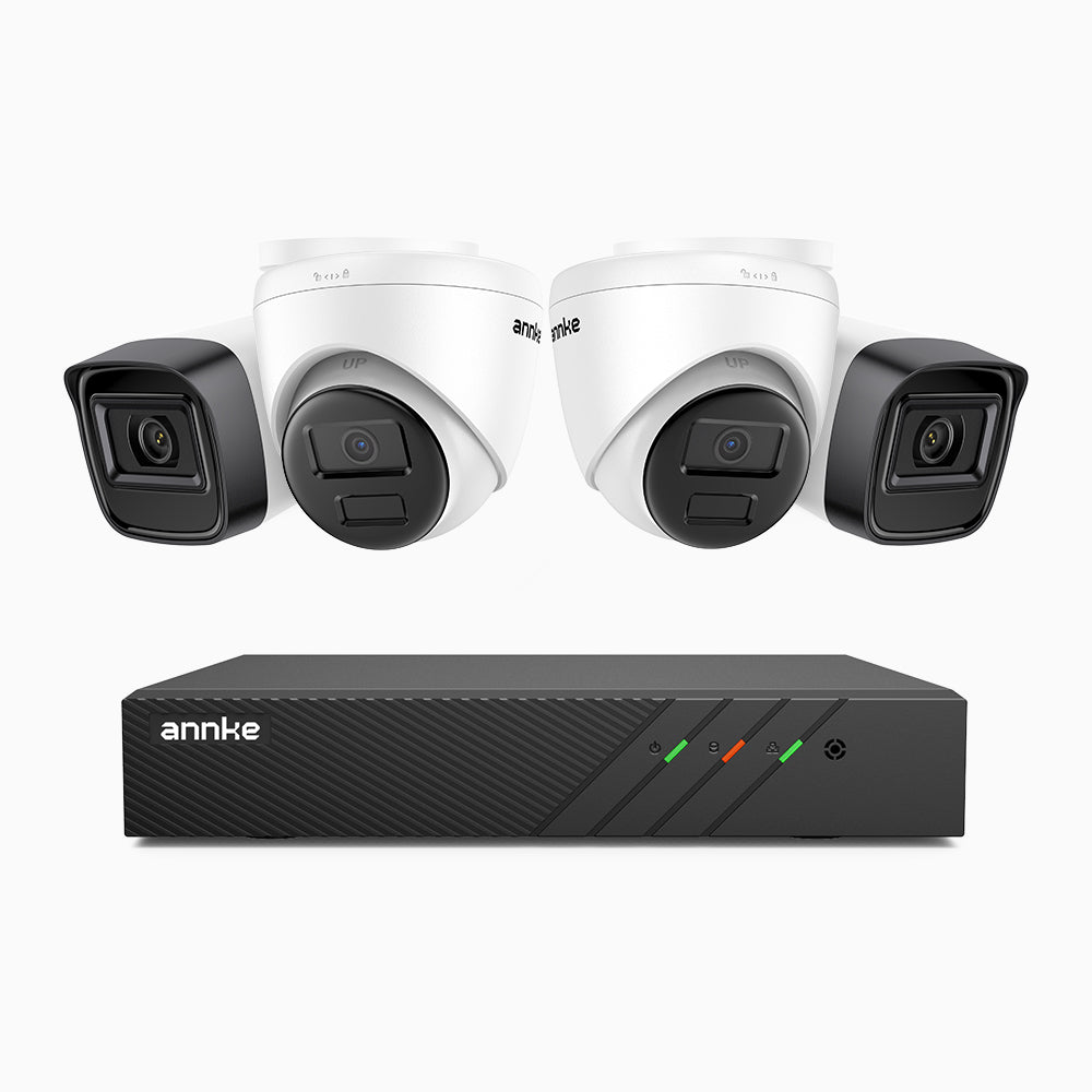 H300 - Kit videosorveglianza PoE 8 canali 3MP, 2 telecamera bullet e 2 telecamera turret,  visione notturna EXIR 2.0, rilevamento del movimento, H.265+, impermeabilità IP67