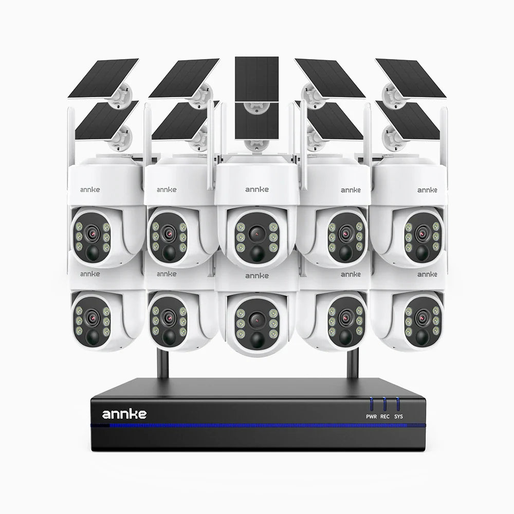 WBS400 - Kit videosorveglianza wireless 16 canali con 10 telecamere 4 MPX,WiFi dual-band 2,4/5,8 GHz Pro, rilevamento umano AI, audio bidirezionale, alimentata a batteria e con energia solare, rotazione 270° e inclinazione 90°, compatibile con Alexa