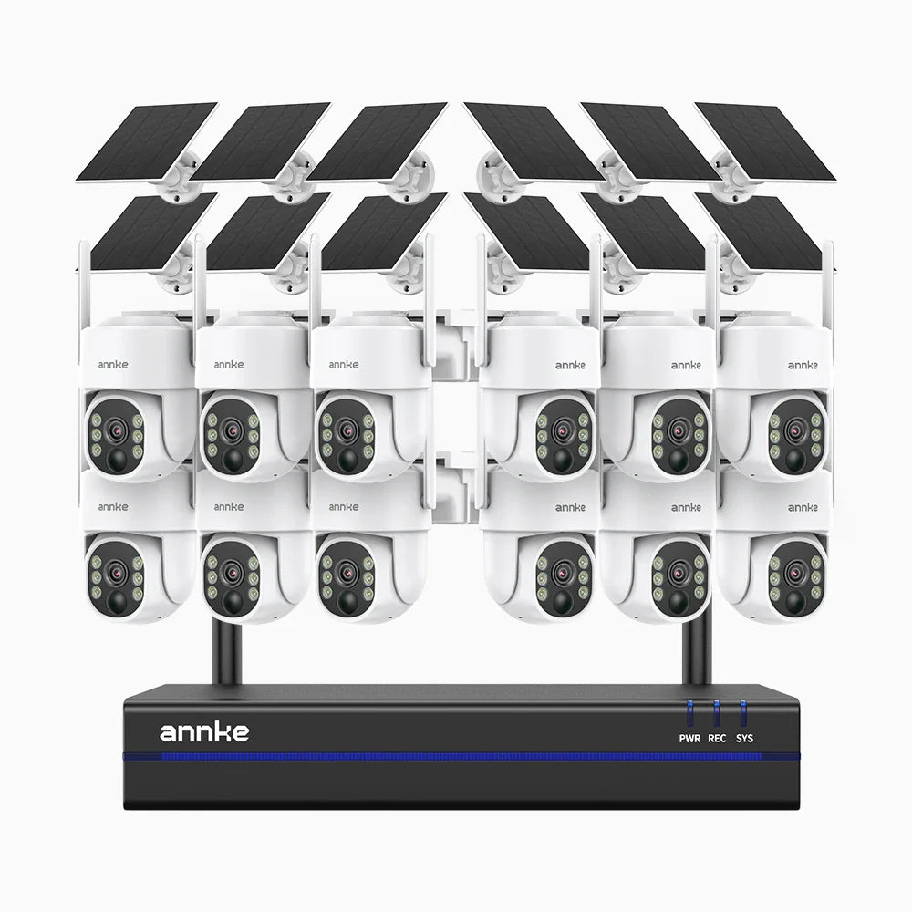 WBS400 - Kit videosorveglianza wireless 16 canali con 12 telecamere 4 MPX,WiFi dual-band 2,4/5,8 GHz Pro, rilevamento umano AI, audio bidirezionale, alimentata a batteria e con energia solare, rotazione 270° e inclinazione 90°, compatibile con Alexa
