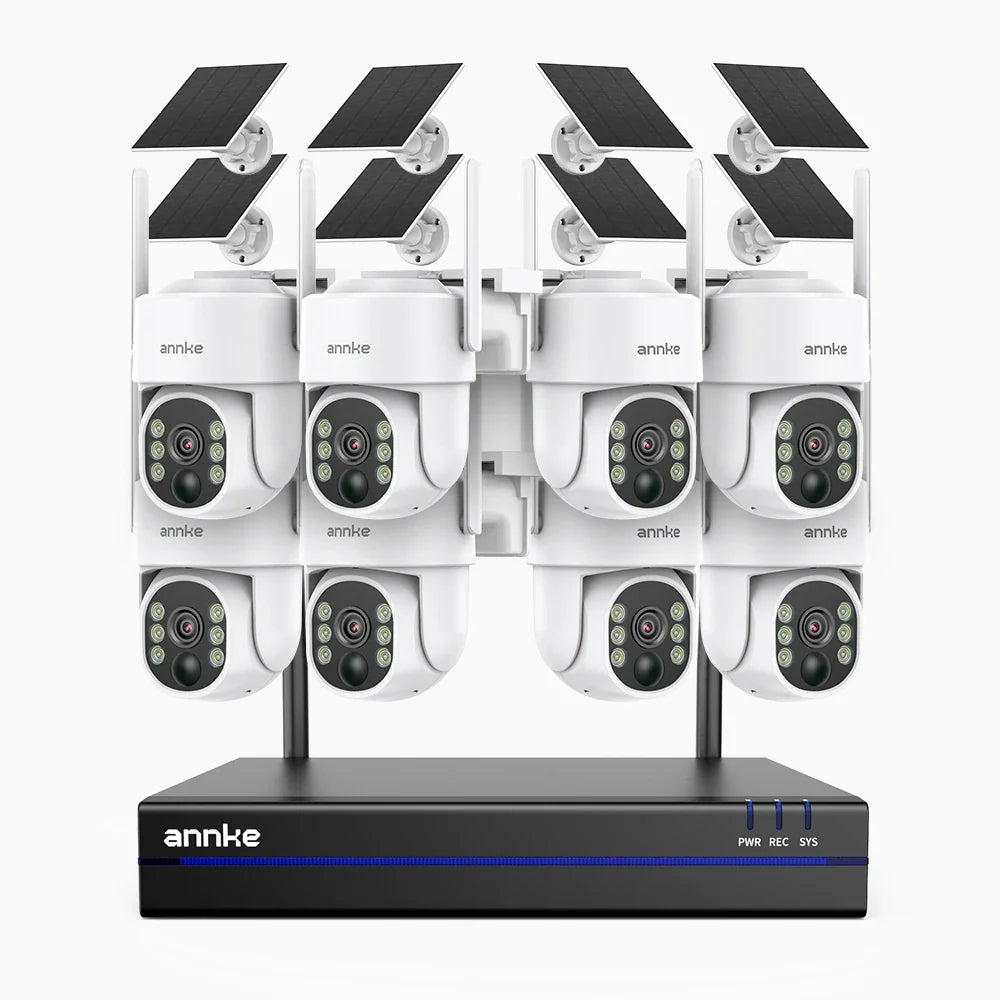 WBS400 - Kit videosorveglianza wireless 8 canali con 8 telecamere 4 MPX,WiFi dual-band 2,4/5,8 GHz Pro, rilevamento umano AI, audio bidirezionale, alimentata a batteria e con energia solare, rotazione 270° e inclinazione 90°, compatibile con Alexa