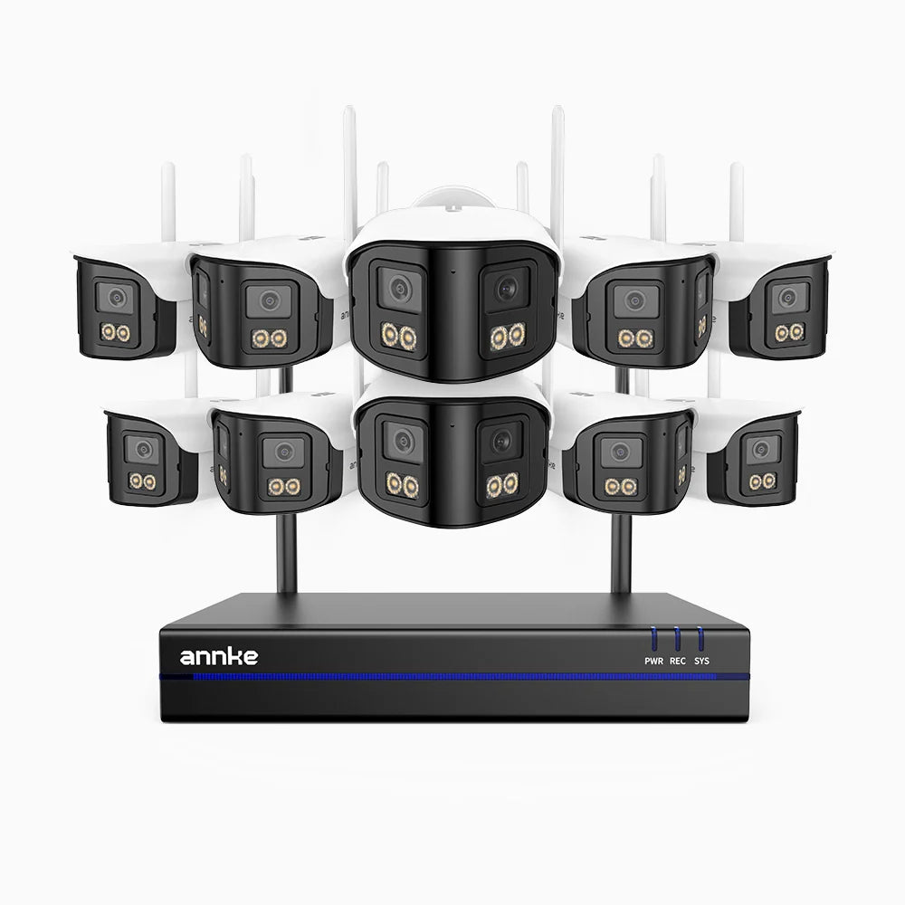 WSCD400P - Kit videosorveglianza wireless 16 canali con 10 telecamere Dual-Lens 4MP, angolo 170°, WiFi dual-band 2,4/5 GHz, visione notturna a colori, rilevamento movimento, audio bidirezionale, compatibile con Alexa
