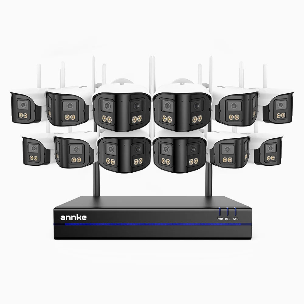 WSCD400P - Kit videosorveglianza wireless 16 canali con 12 telecamere Dual-Lens 4MP, angolo 170°, WiFi dual-band 2,4/5 GHz, visione notturna a colori, rilevamento movimento, audio bidirezionale, compatibile con Alexa