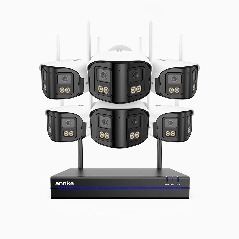 WSCD400P - Kit videosorveglianza wireless 8 canali con 6 telecamere Dual-Lens 4MP, angolo 170°, WiFi dual-band 2,4/5 GHz, visione notturna a colori, rilevamento movimento, audio bidirezionale, compatibile con Alexa