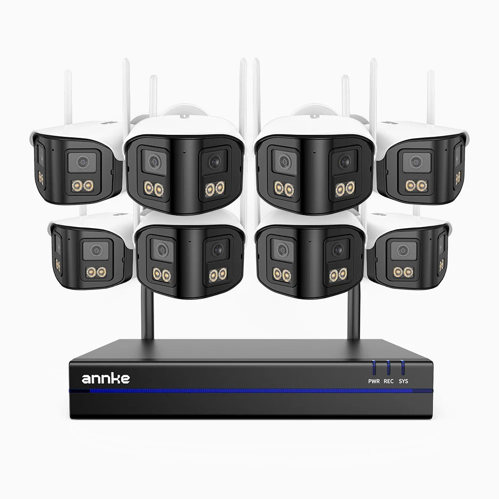 WSCD400P – Kit videosorveglianza wireless 8 canali con 8 telecamere Dual-Lens 4MP, angolo 170°, WiFi dual-band 2,4/5 GHz, visione notturna a colori, rilevamento movimento, audio bidirezionale, compatibile con Alexa