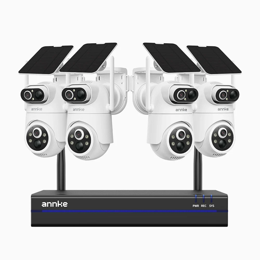 WBS400P - Kit videosorveglianza wireless 8 canali con 4 telecamere 4 MPX, doppio obiettivo, 100% senza fili, batteria da 9000 mAh & alimentazione solare, rotazione 350° e inclinazione 90°, rilevamento persone PIR, audio bidirezionale