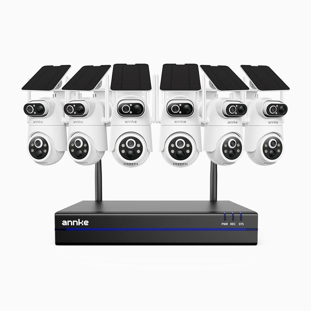 WBS400P - Kit videosorveglianza wireless 8 canali con 6 telecamere 4 MPX, doppio obiettivo, 100% senza fili, batteria da 9000 mAh & alimentazione solare, rotazione 350° e inclinazione 90°, rilevamento persone PIR, audio bidirezionale