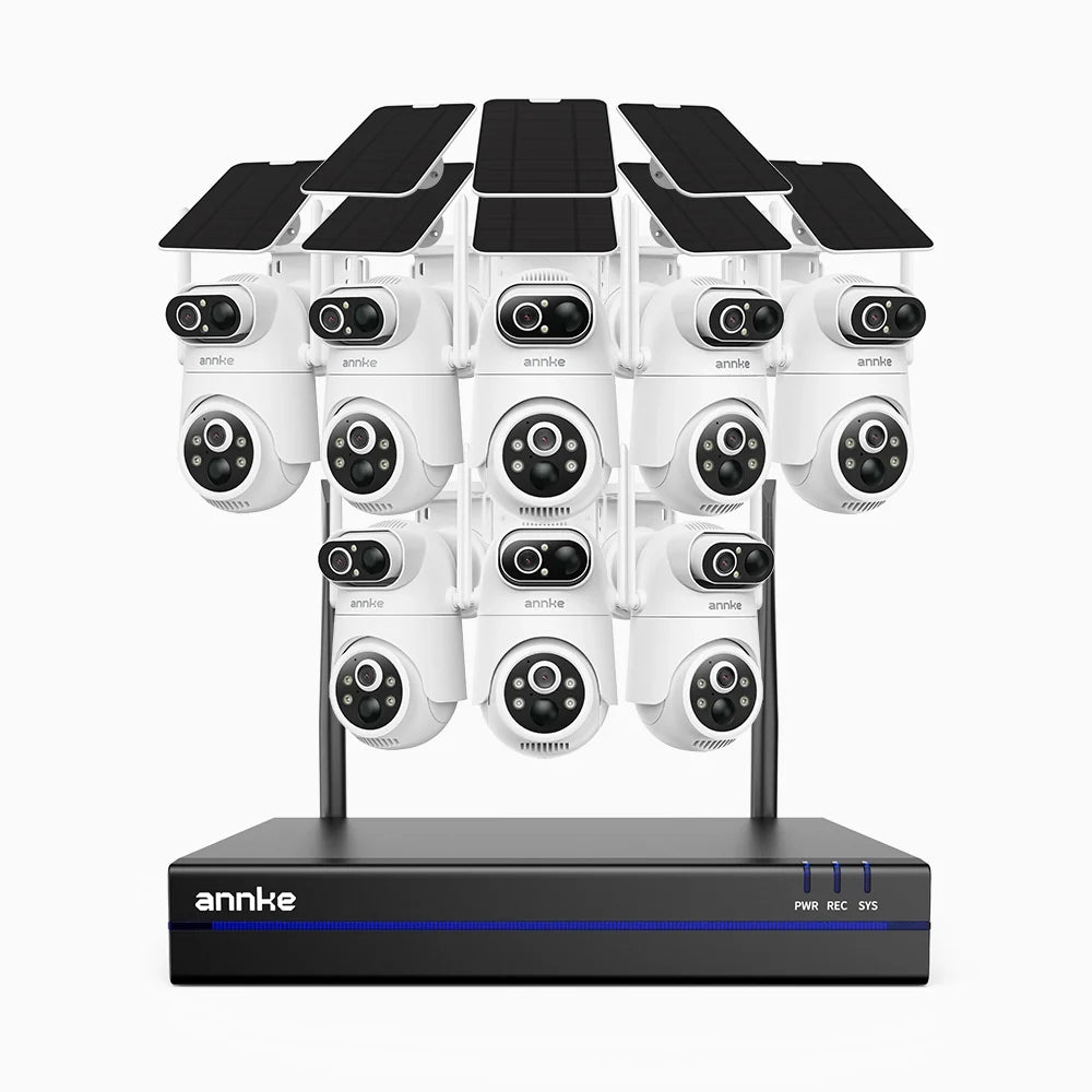 WBS400P - Kit videosorveglianza wireless 8 canali con 8 telecamere 4 MPX, doppio obiettivo, 100% senza fili, batteria da 9000 mAh & alimentazione solare, rotazione 350° e inclinazione 90°, rilevamento persone PIR, audio bidirezionale