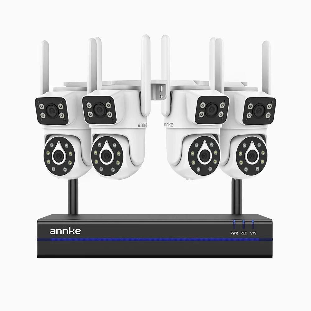 WCDS400 - Kit videosorveglianza wireless 8 canali con 4 telecamere 4 MPX, WiFi dual-band 2,4/5 GHz Pro, rilevamento umano AI, audio bidirezionale, rotazione 350° e inclinazione 90°, compatibile con Alexa