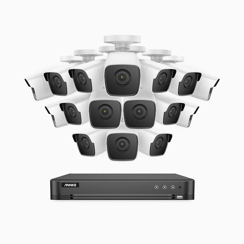 E500 – Kit videosorveglianza analogica 16 canali con 16 telecamere 5 MPX, H.265+ Smart DVR con rilevamento di veicoli e umani