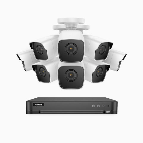 E500 – Kit videosorveglianza analogica 16 canali con 8 telecamere 5 MPX, H.265+ Smart DVR con rilevamento di veicoli e umani