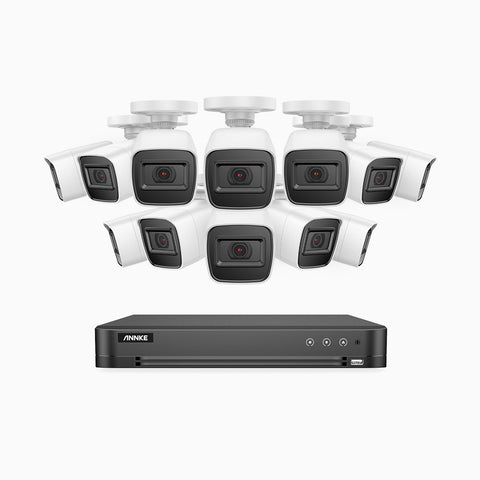 E800 - Kit videosorveglianza analogica 16 canali con 12 telecamere 8 MPX (4K), H.265+ Smart DVR con rilevamento di veicoli e umani Visione notturna Infrarossi, IP67, WDR digitale