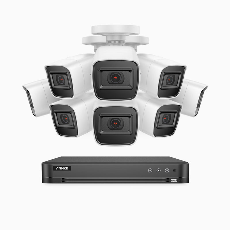 E800 - Kit videosorveglianza analogica 16 canali con 8 telecamere 8 MPX (4K), H.265+ Smart DVR con rilevamento di veicoli e umani Visione notturna Infrarossi, IP67, WDR digitale