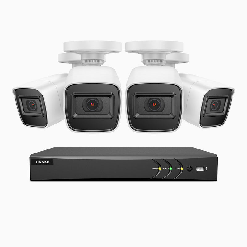 E800 - Kit videosorveglianza analogica 8 canali con 4 telecamere 8 MPX (4K), H.265+ Smart DVR con rilevamento di veicoli e umani Visione notturna Infrarossi, IP67, WDR digitale
