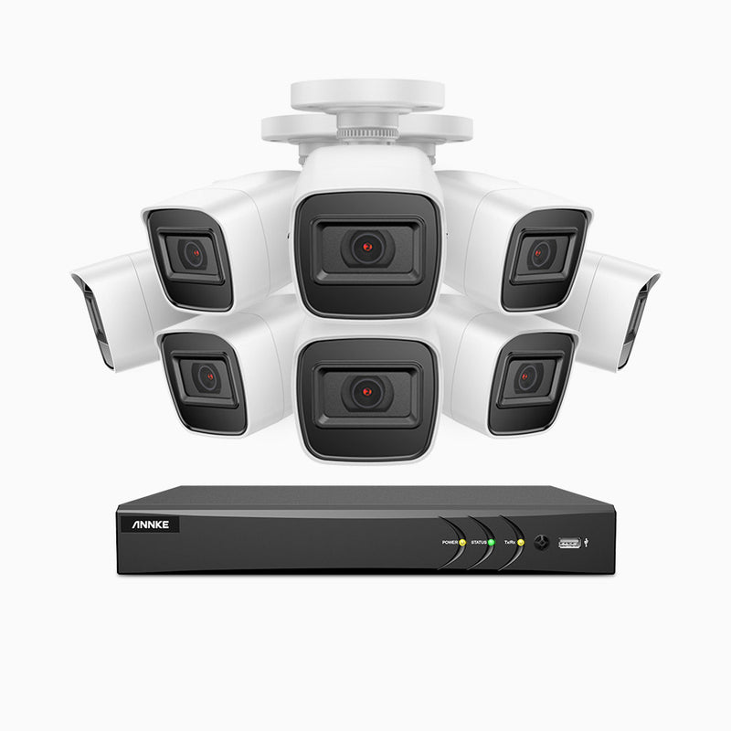 E800 - Kit videosorveglianza analogica 8 canali con 8 telecamere 8 MPX (4K), H.265+ Smart DVR con rilevamento di veicoli e umani Visione notturna Infrarossi, IP67, WDR digitale
