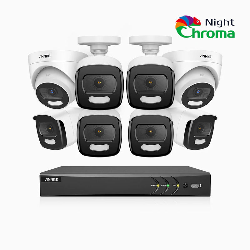 NightChroma<sup>TM</sup> NCK500 - Kit videosorveglianza di TVI 16 canali 3K, 6 telecamere bullet e 2 telecamere turret, visione notturna a colori Acme, f/1.0 Super apertura, 0.001 Lux, allineamento attivo, microfono integrato, slot scheda MicroSD