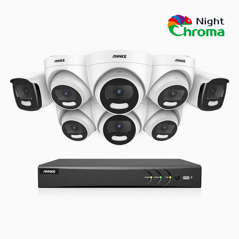 NightChroma<sup>TM</sup> NCK500 - Kit videosorveglianza PoE 16 canali 3K, 2 telecamere bullet e 6 telecamere turret, visione notturna a colori Acme, f/1.0 Super apertura, 0.001 Lux, allineamento attivo, microfono integrato, slot scheda MicroSD