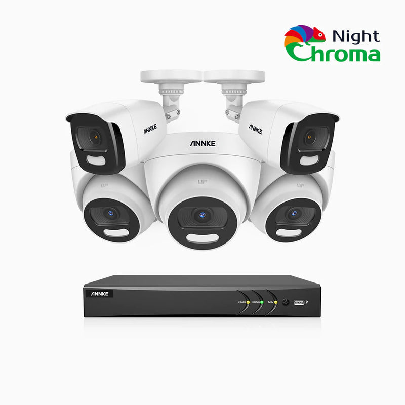 NightChroma<sup>TM</sup> NCK500 - Kit videosorveglianza PoE 8 canali 3K, 2 telecamere bullet e 3 telecamere turret, visione notturna a colori Acme, f/1.0 Super apertura, 0.001 Lux, allineamento attivo, microfono integrato, slot scheda MicroSD