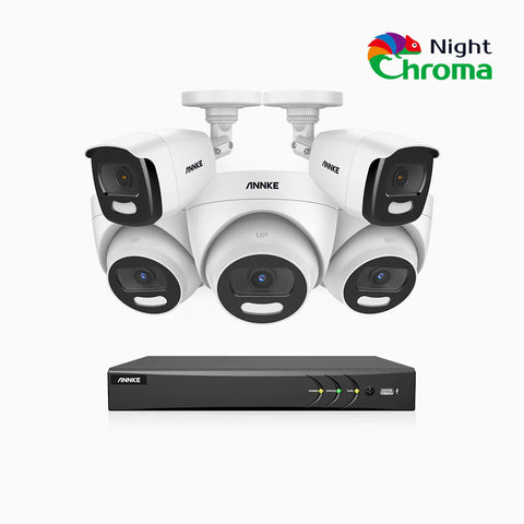 NightChroma<sup>TM</sup> NCK500 - Kit videosorveglianza PoE 8 canali 3K, 2 telecamere bullet e 3 telecamere turret, visione notturna a colori Acme, f/1.0 Super apertura, 0.001 Lux, allineamento attivo, microfono integrato, slot scheda MicroSD