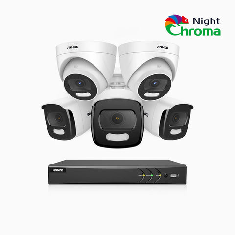 NightChroma<sup>TM</sup> NCK500 - Kit videosorveglianza PoE 8 canali 3K, 3 telecamere bullet e 2 telecamere turret, visione notturna a colori Acme, f/1.0 Super apertura, 0.001 Lux, allineamento attivo, microfono integrato, slot scheda MicroSD
