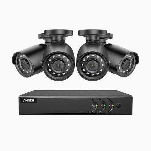 E200 - Kit videosorveglianza analogica 4 canali con 4 telecamere 1080p, H.265+ Smart DVR con rilevamento di veicoli e umani, Visione notturna Infrarossi, IP66, WDR digitale