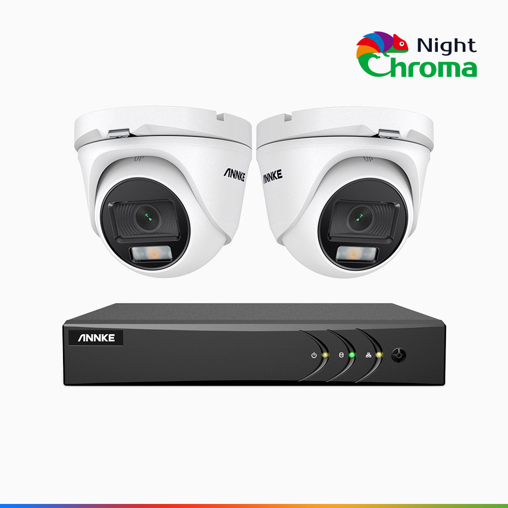 NightChroma<sup>TM</sup> NAK200 - Kit videosorveglianza 4 canali con 2 telecamere 1080p, visione notturna a colori Acme, f / 1.0 Super Apertura, 0.001 Lux, 121° FoV, Allineamento Attivo