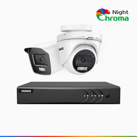NightChroma<sup>TM</sup> NAK200 - Kit videosorveglianza 4 canali 1080p, 1 telecamera bullet e 1 telecamera turret, visione notturna a colori Acme, f / 1.0 Super Apertura, 0.001 Lux, 121° FoV, Allineamento Attivo