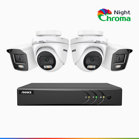 NightChroma<sup>TM</sup> NAK200 - Kit videosorveglianza 4 canali 1080p, 2 telecamere bullet e 2 telecamere turret, visione notturna a colori Acme, f / 1.0 Super Apertura, 0.001 Lux, 121° FoV, Allineamento Attivo