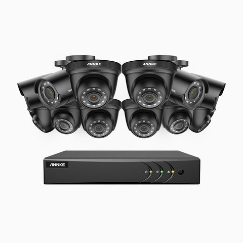 E200 - Kit videosorveglianza analogica 16 canali con 12 telecamere 1080p, H.265+ Smart DVR con rilevamento di veicoli e umani, 4 telecamere bullet e 8 telecamere turret, Visione notturna Infrarossi, IP66, WDR digitale