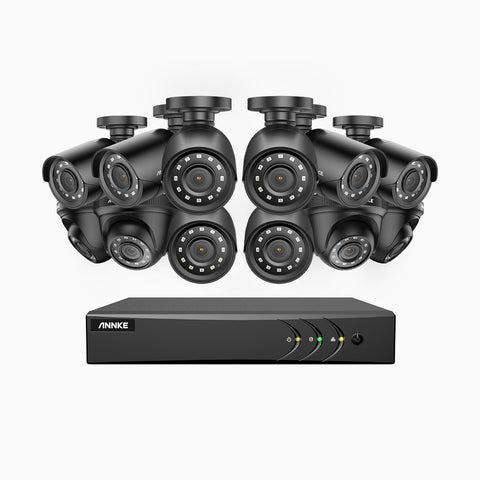 E200 - Kit videosorveglianza analogica 16 canali con 12 telecamere 1080p, H.265+ Smart DVR con rilevamento di veicoli e umani, 8 telecamere bullet e 4 telecamere turret, Visione notturna Infrarossi, IP66, WDR digitale