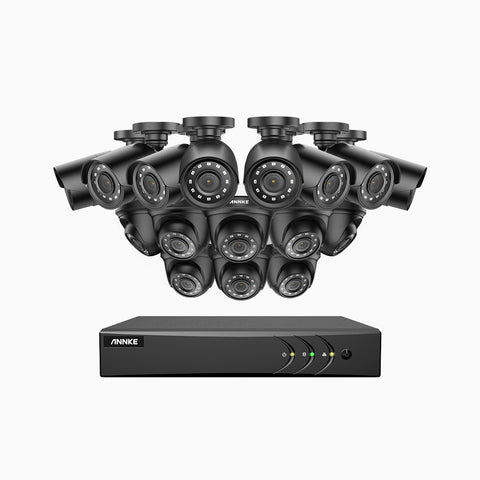 E200 - Kit videosorveglianza analogica 16 canali con 16 telecamere 1080p, H.265+ Smart DVR con rilevamento di veicoli e umani, 8 telecamere bullet e 8 telecamere turret, Visione notturna Infrarossi, IP66, WDR digitale