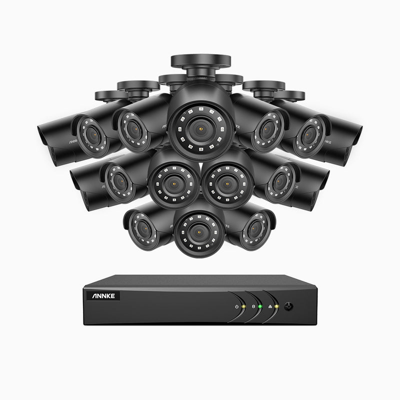 E200 - Kit videosorveglianza analogica 16 canali con 16 telecamere 1080p, H.265+ Smart DVR con rilevamento di veicoli e umani, Visione notturna Infrarossi, IP66, WDR digitale