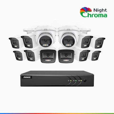 NightChroma<sup>TM</sup> NAK200 - Kit videosorveglianza 16 canali 1080p, 10 telecamere bullet e 2 telecamere turret, visione notturna a colori Acme, f / 1.0 Super Apertura, 0.001 Lux, 121° FoV, Allineamento Attivo