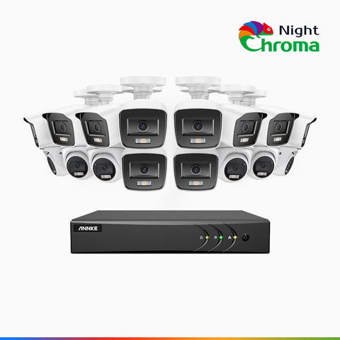 NightChroma<sup>TM</sup> NAK200 - Kit videosorveglianza 16 canali 1080p, 10 telecamere bullet e 6 telecamere turret, visione notturna a colori Acme, f / 1.0 Super Apertura, 0.001 Lux, 121° FoV, Allineamento Attivo