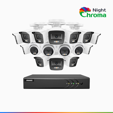 NightChroma<sup>TM</sup> NAK200 - Kit videosorveglianza 16 canali 1080p, 12 telecamere bullet e 4 telecamere turret, visione notturna a colori Acme, f / 1.0 Super Apertura, 0.001 Lux, 121° FoV, Allineamento Attivo