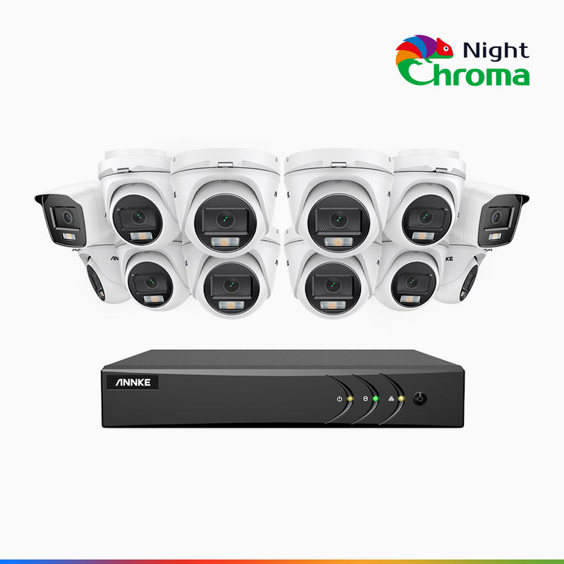 NightChroma<sup>TM</sup> NAK200 - Kit videosorveglianza 16 canali 1080p, 2 telecamere bullet e 10 telecamere turret, visione notturna a colori Acme, f / 1.0 Super Apertura, 0.001 Lux, 121° FoV, Allineamento Attivo