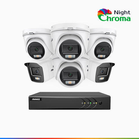 NightChroma<sup>TM</sup> NAK200 - Kit videosorveglianza 16 canali 1080p, 2 telecamere bullet e 4 telecamere turret, visione notturna a colori Acme, f / 1.0 Super Apertura, 0.001 Lux, 121° FoV, Allineamento Attivo