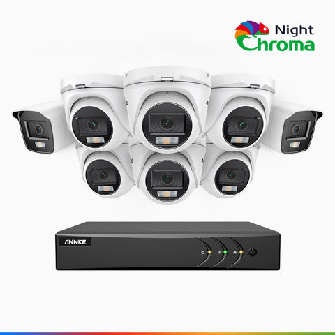 NightChroma<sup>TM</sup> NAK200 - Kit videosorveglianza 16 canali 1080p, 2 telecamere bullet e 6 telecamere turret, visione notturna a colori Acme, f / 1.0 Super Apertura, 0.001 Lux, 121° FoV, Allineamento Attivo