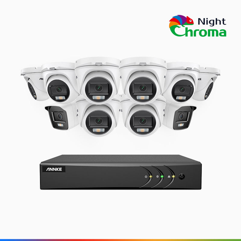 NightChroma<sup>TM</sup> NAK200 - Kit videosorveglianza 16 canali 1080p, 2 telecamere bullet e 8 telecamere turret, visione notturna a colori Acme, f / 1.0 Super Apertura, 0.001 Lux, 121° FoV, Allineamento Attivo